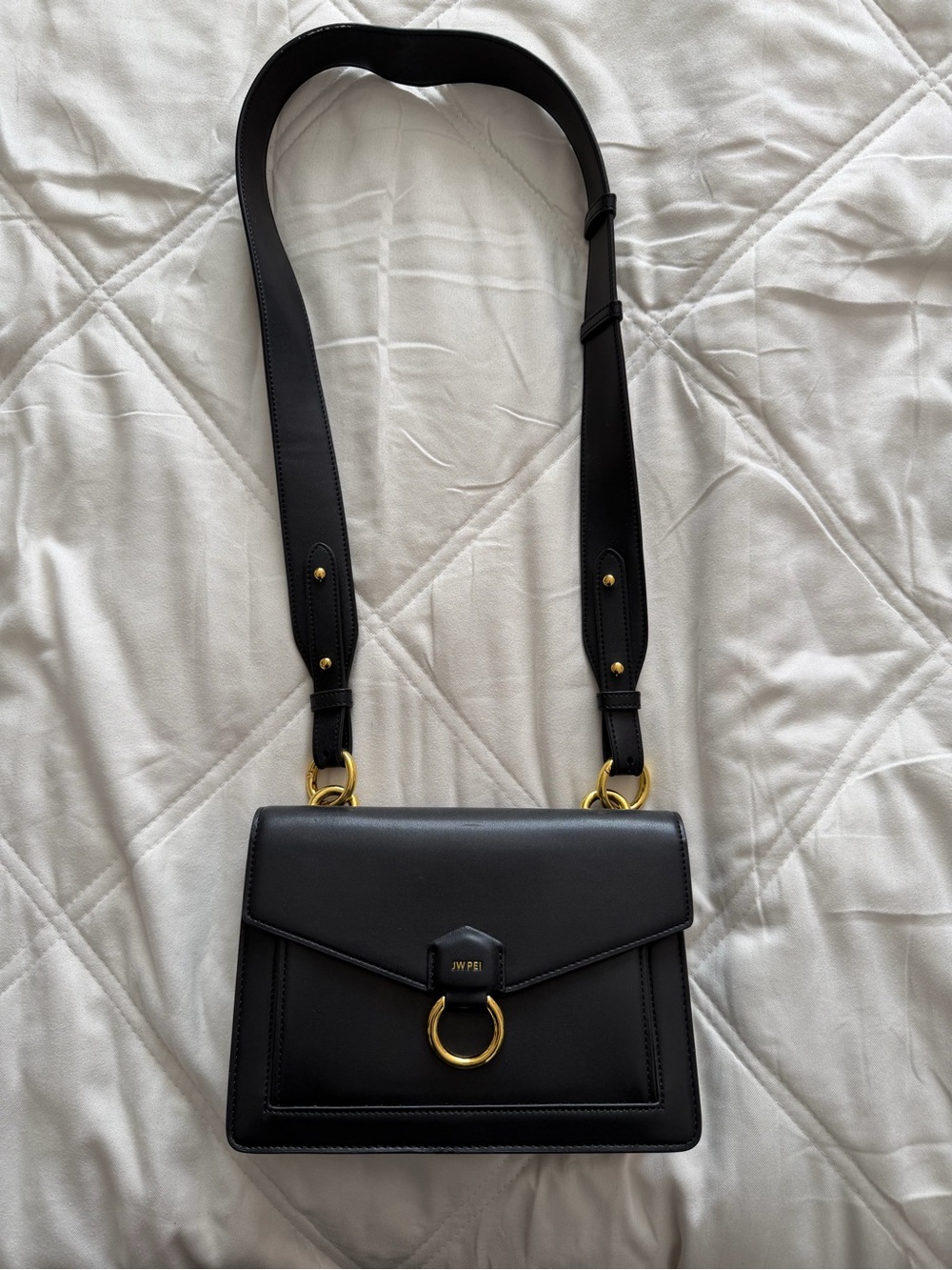 JW PEI Black Leather Shoulder Bag with Gold Ring Detail